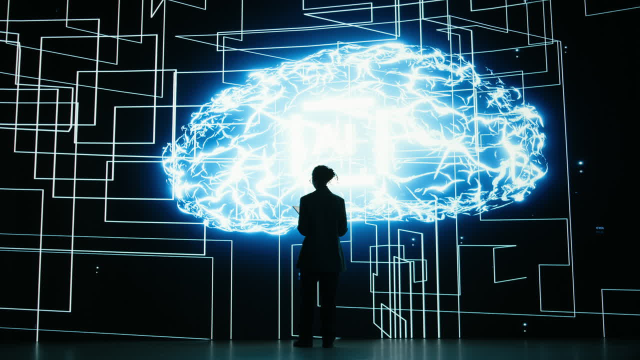 Persona in piedi davanti a un cervello AI luminoso e una griglia digitale