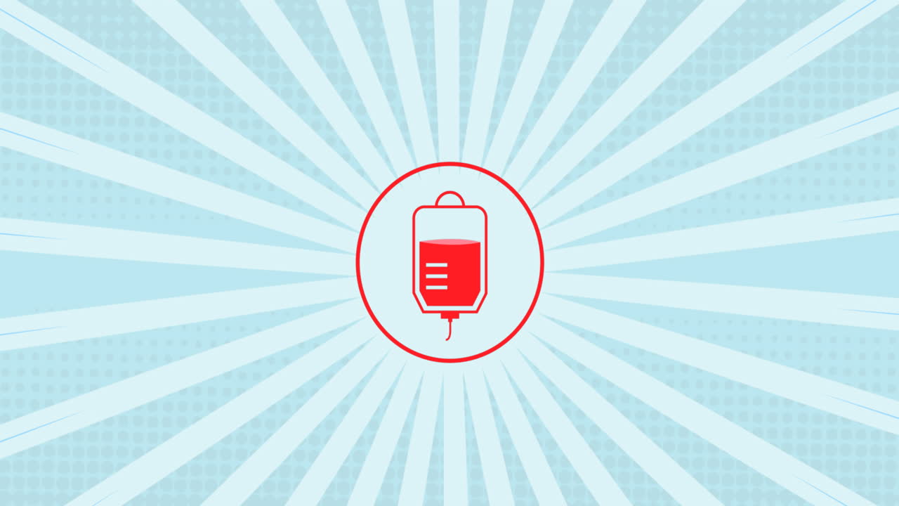 파란색 배경에 있는 혈액 봉투 아이콘과  ⁇ 색 선의 애니메이션