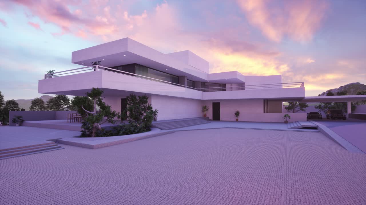 Moderne minimalistisk hus ved solnedgang