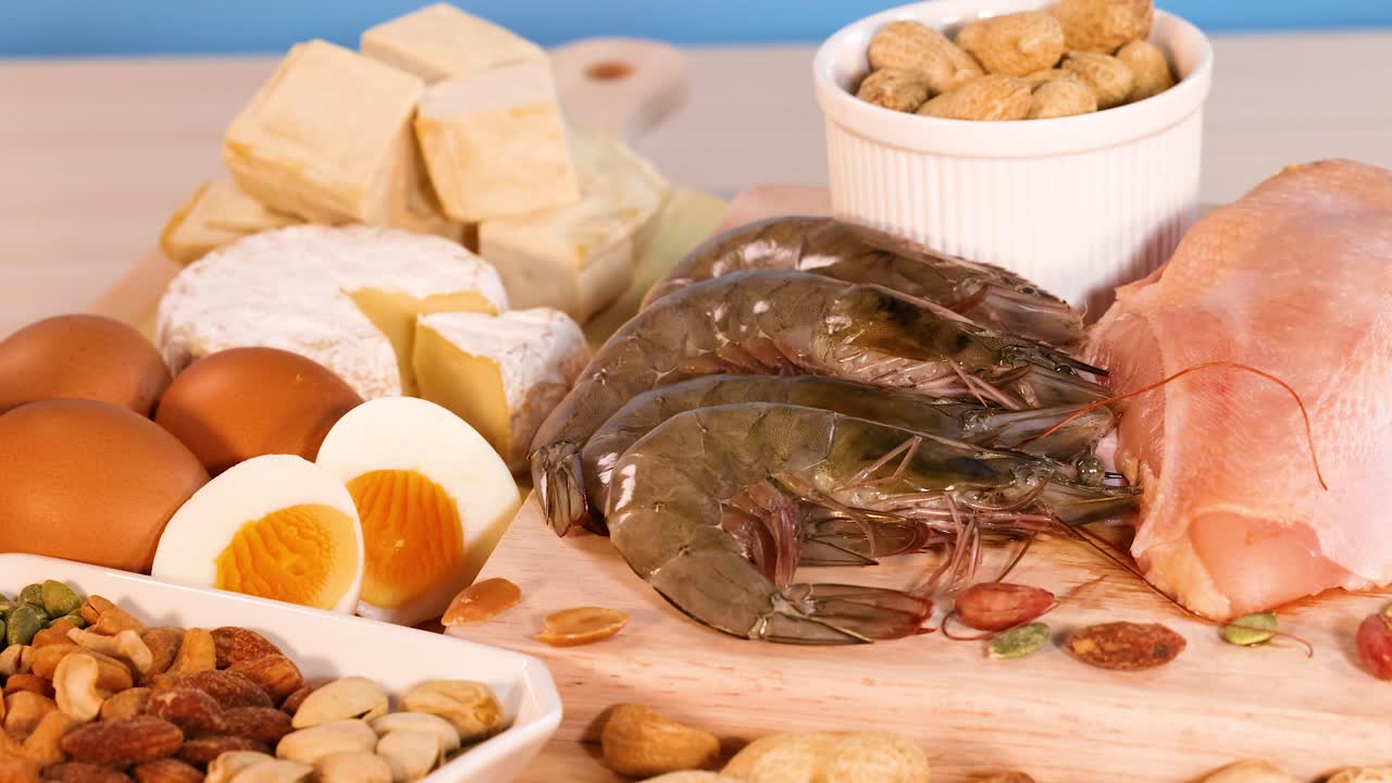 variedad de alimentos ricos en proteínas sobre un fondo azul