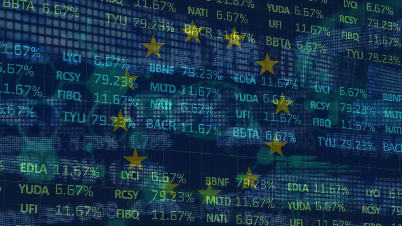 Animation of diverse financial data and graphs over european union flag