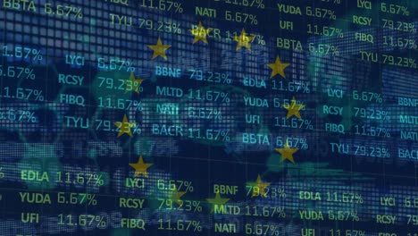 animation of diverse financial data and graphs over european union flag