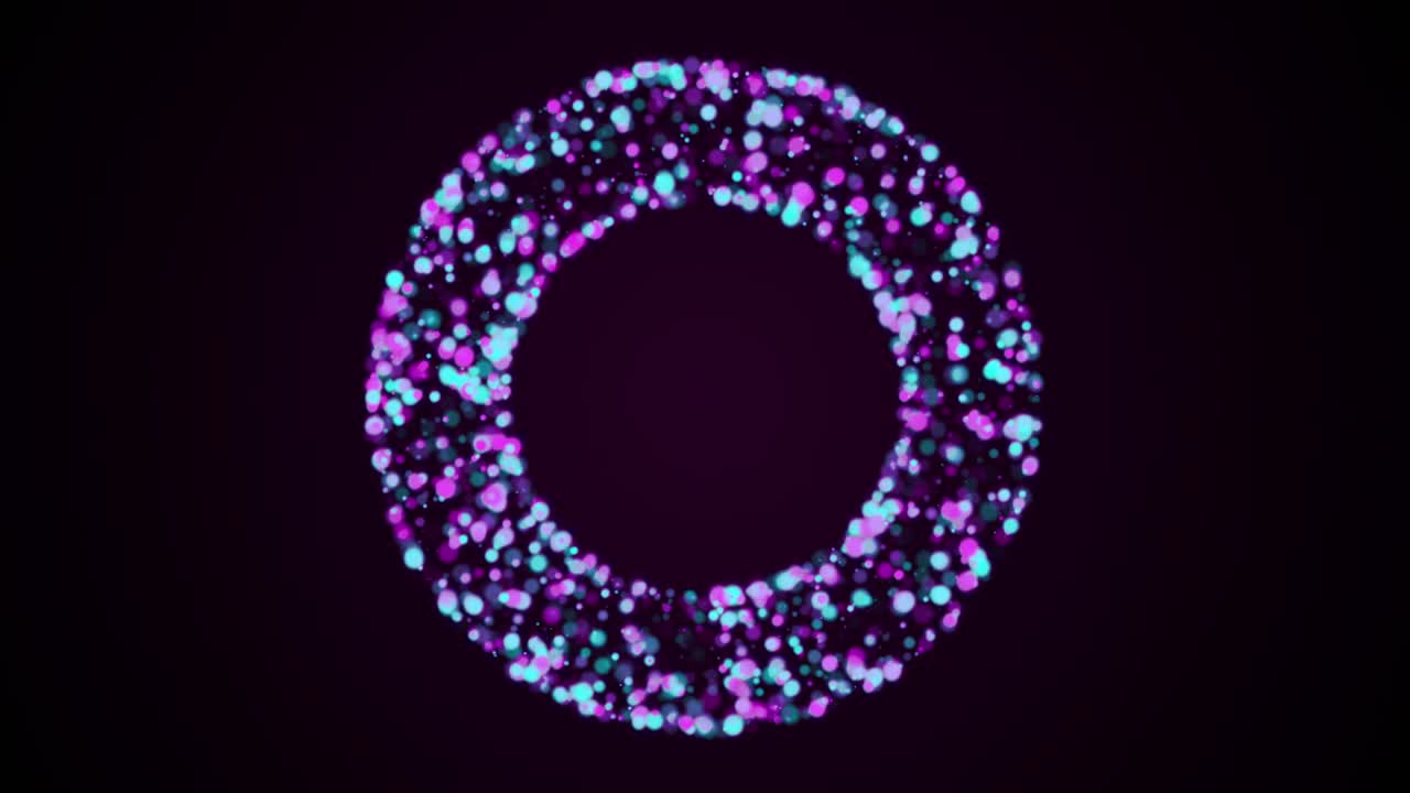 anillo de muchas partículas de color parpadeantes, generado por computadora. representación en 3d del fondo artístico