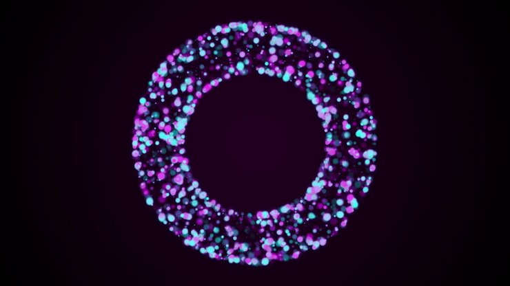 Anillo de muchas partículas de colores intermitentes, generado por computadora. Renderizado 3D de fondo artístico.