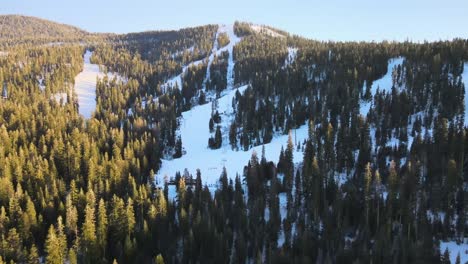 drone birdseye wideangle footage over ski resort on a bright cloudless day in lake tahoe, usa, showing skiers down a slope, chairlifts moving up the mountain and the surrounding scenic alpine forest