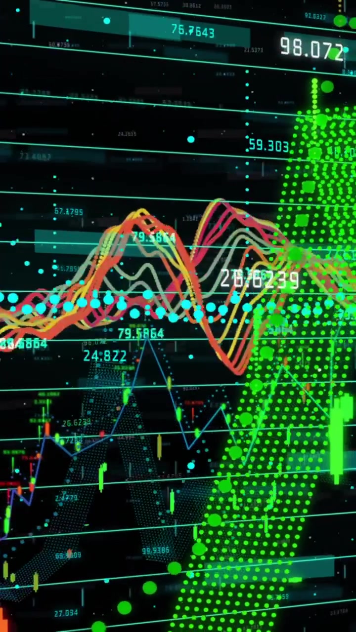 Animation of financial data processing over grid on dark background