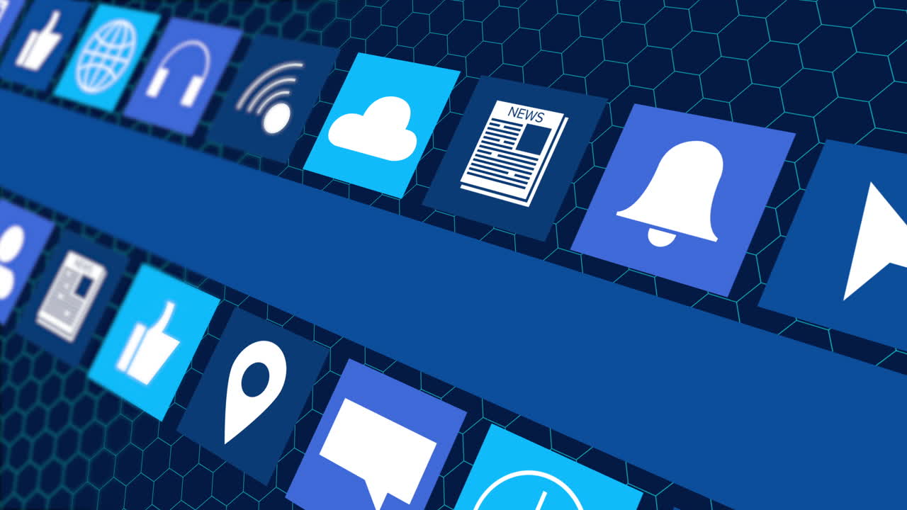 Animation of digital online icons and blue stripe moving over hexagons on dark blue background