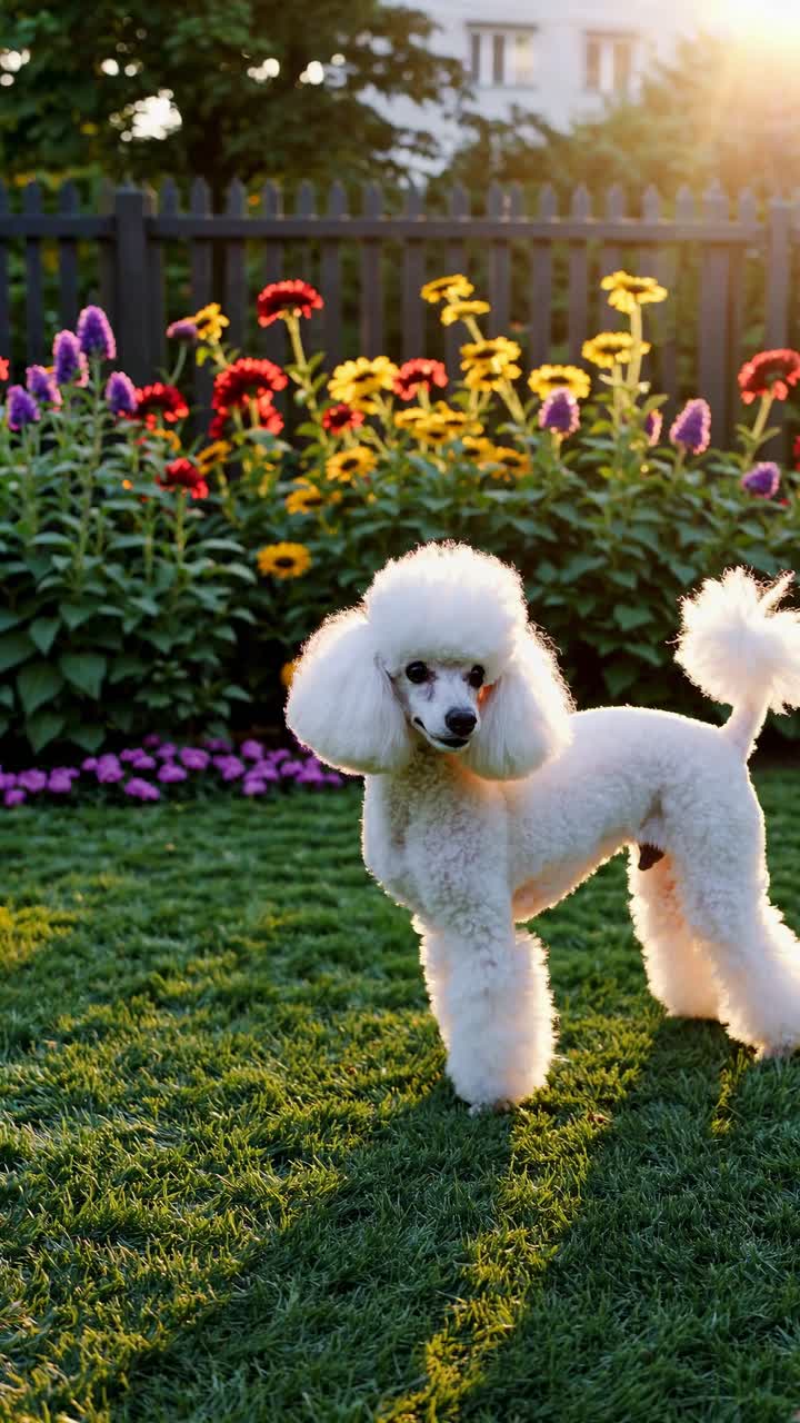 Un barboncino è in piedi sull'erba in un giardino con fiori colorati