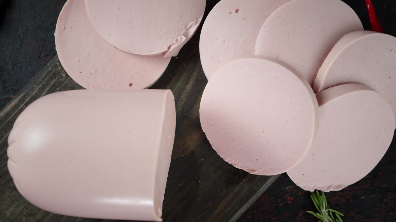 The round pieces of boiled sausage slowly rotate.