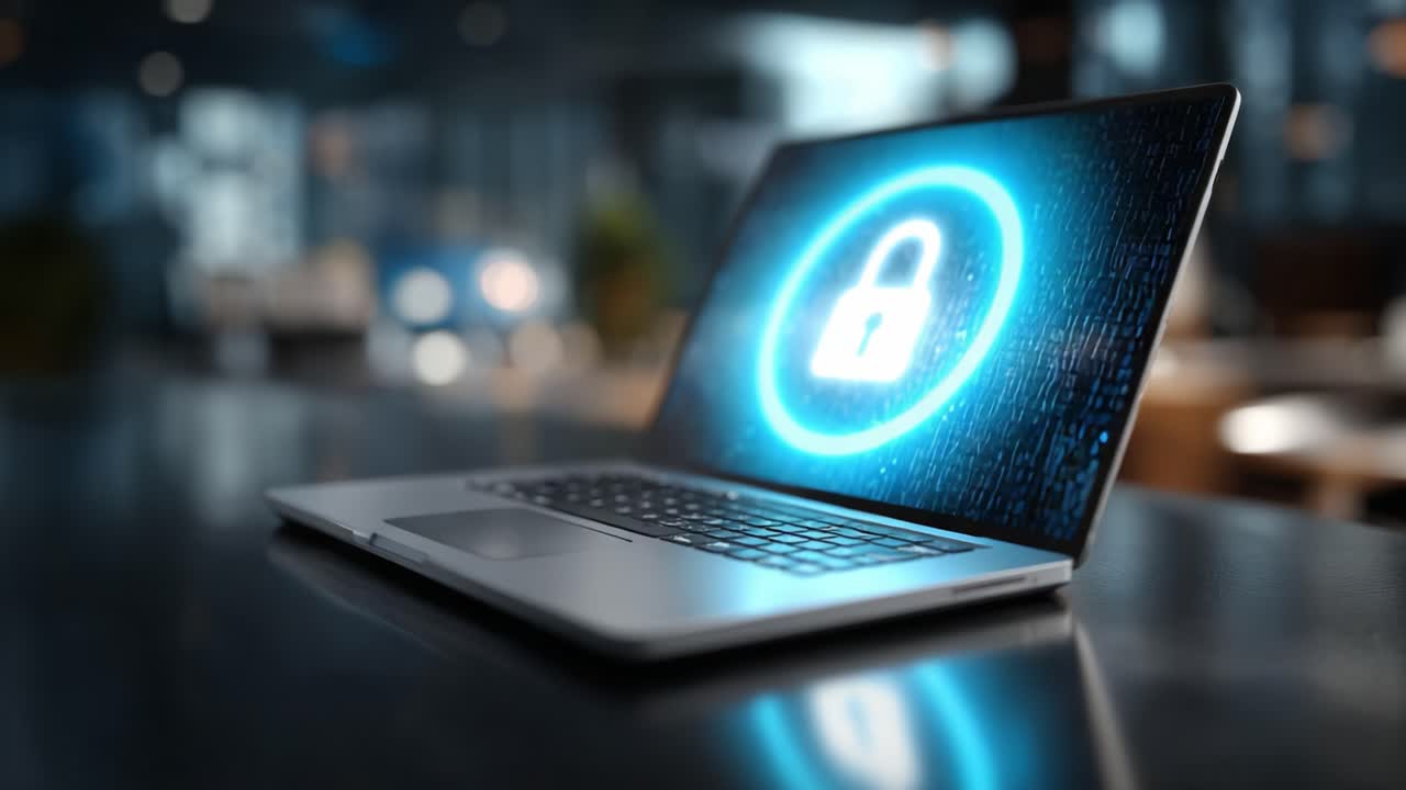 Secure Digital Environment Demonstrated Through Laptop Displaying Lock Icon with Binary Data, Signifying Cybersecurity and Data Protection in Modern Technology Solutions