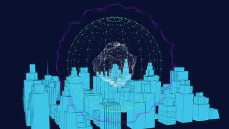 animación de la ciudad digital sobre el globo de conexiones en fondo negro.