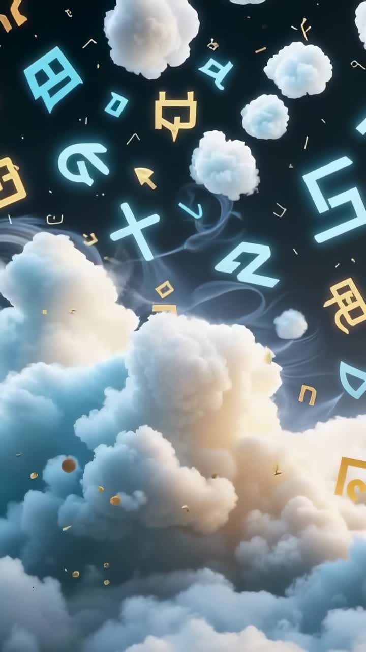 Vertical video: At start drifting clouds rising revealing texture in void, with neon glyphs