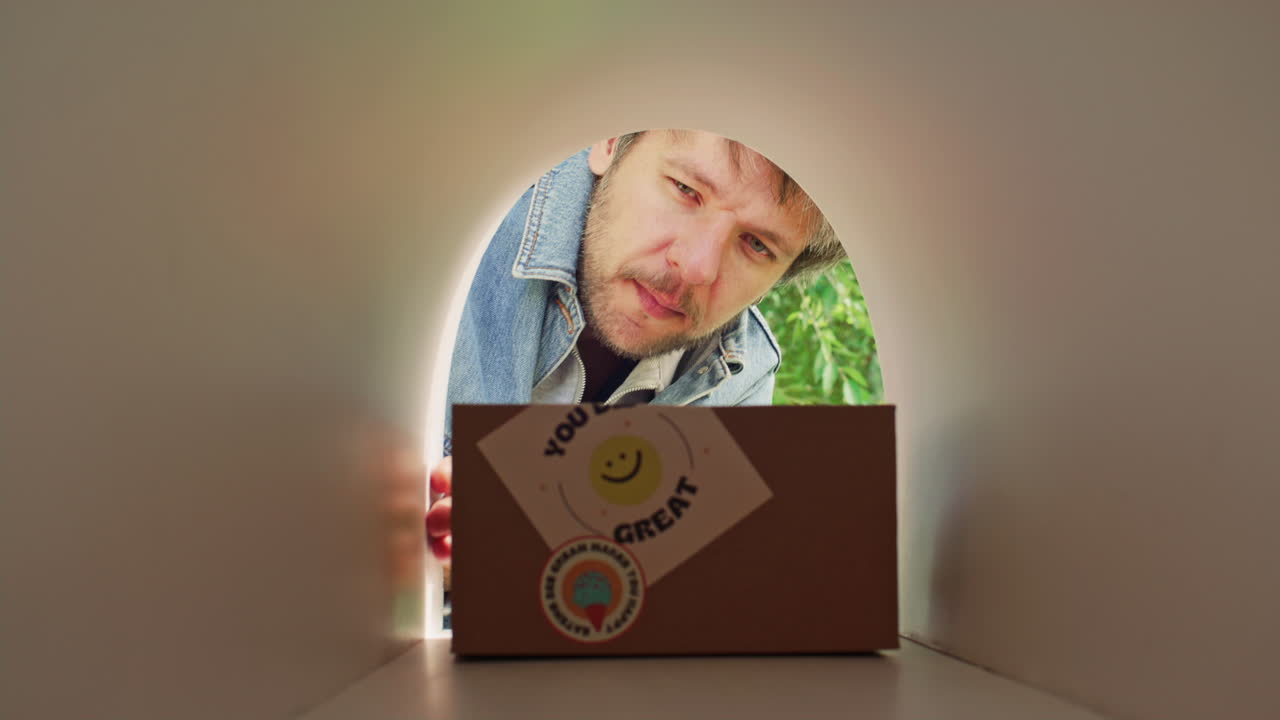 Man Retrieving Package with Stickers from Mailbox and Smiling