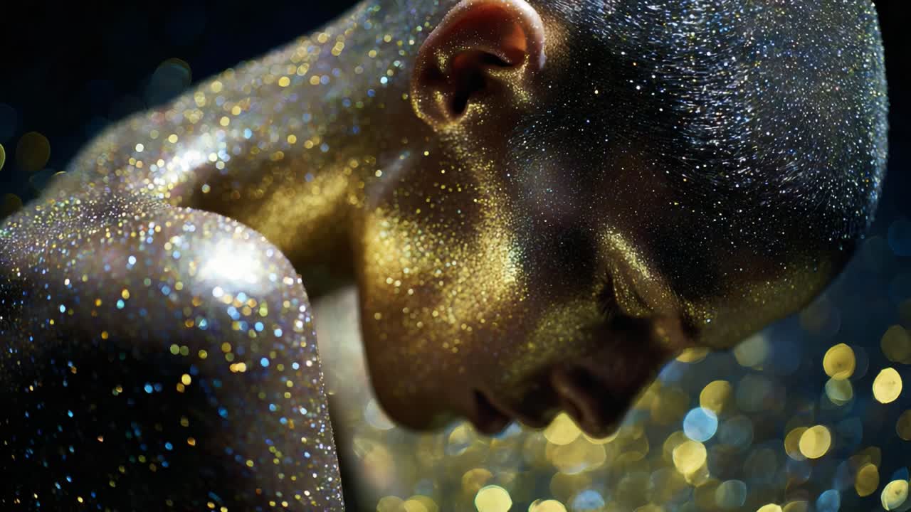 A mesmerizing depiction of glittering beauty, showcasing a close-up of a person covered in shimmering gold particles set against a blurred backdrop of twinkling lights, evoking a sense of ethereal elegance and transcendent allure