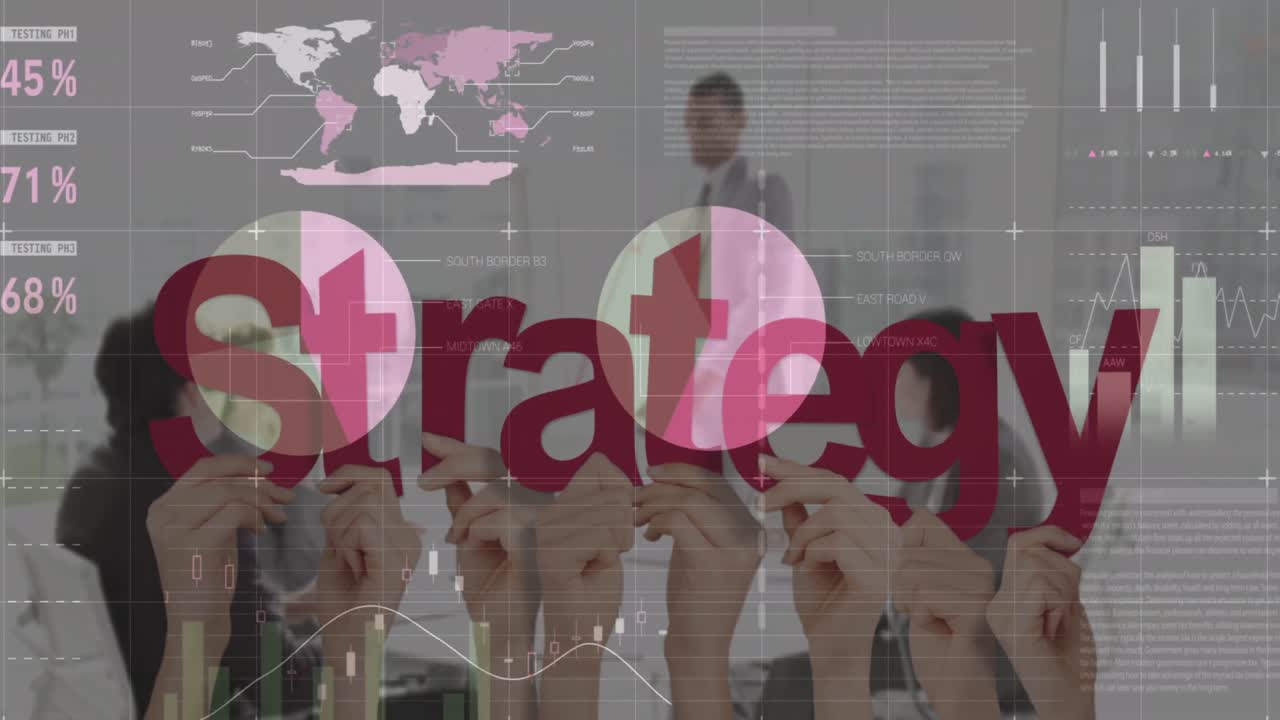 카우카스계 사업가들이 사무실에서 전략 텍스트를 들고 있는 그래프와 손의 애니메이션