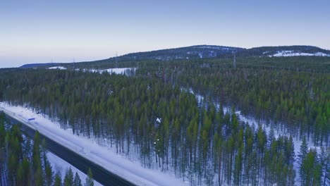antena: paisaje invernal de las zonas del norte de europa con carretera entre bosques.
