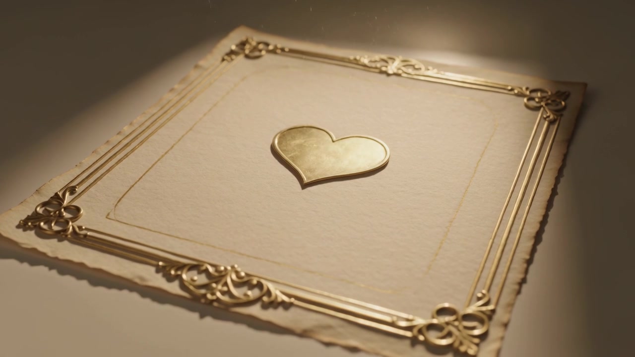 Panning camera moving closer on studio table, light shifting to show card's gold heart and border