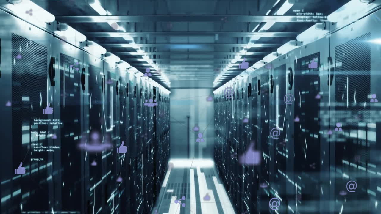 Social media icons animation over data center servers