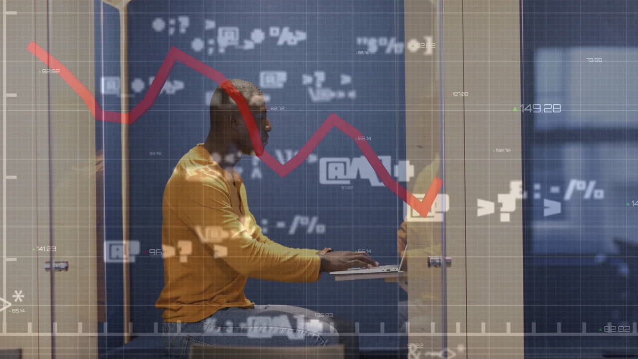 Animation of financial data processing over african american businessman in office