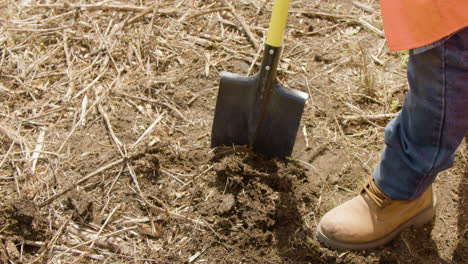 Vista-Cercana-De-Los-Pies-De-Un-Activista-Empujando-La-Pala-Para-Plantar-Un-árbol-En-El-Bosque