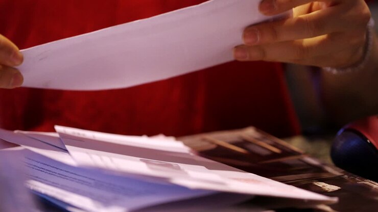 A woman wearing a red shirt brings in mail to sort in office area