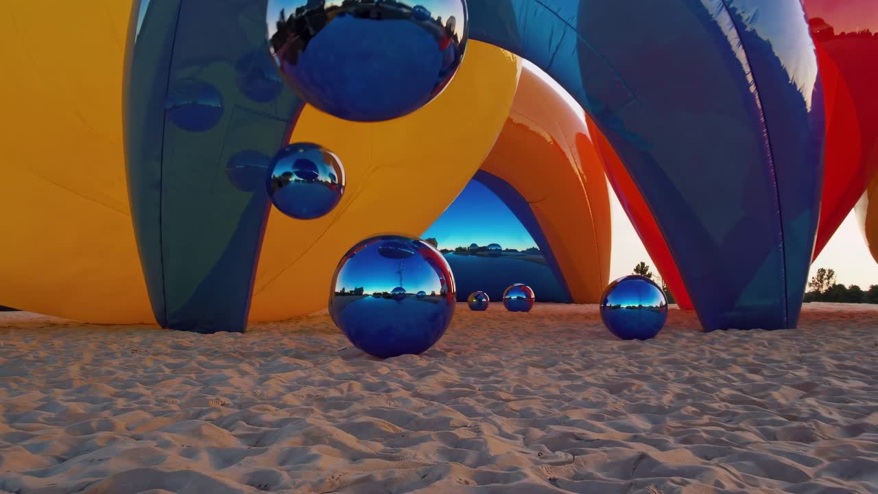 Inflatable colorful arches create a surreal wonderland on a sandy beach, complemented by reflective spheres capturing the warm hues of the setting sun