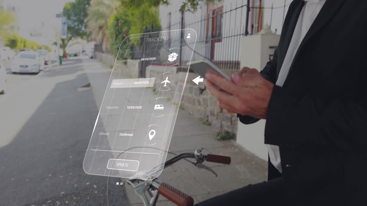 animación de interfaz digital con procesamiento de datos sobre hombre caucásico usando teléfono inteligente en bicicleta