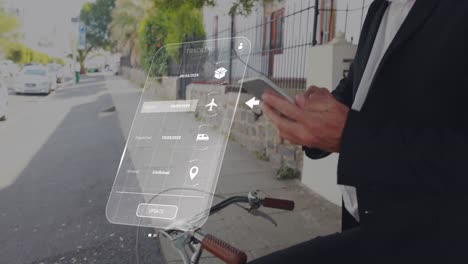 animation of digital interface with data processing over caucasian man using smartphone on bike