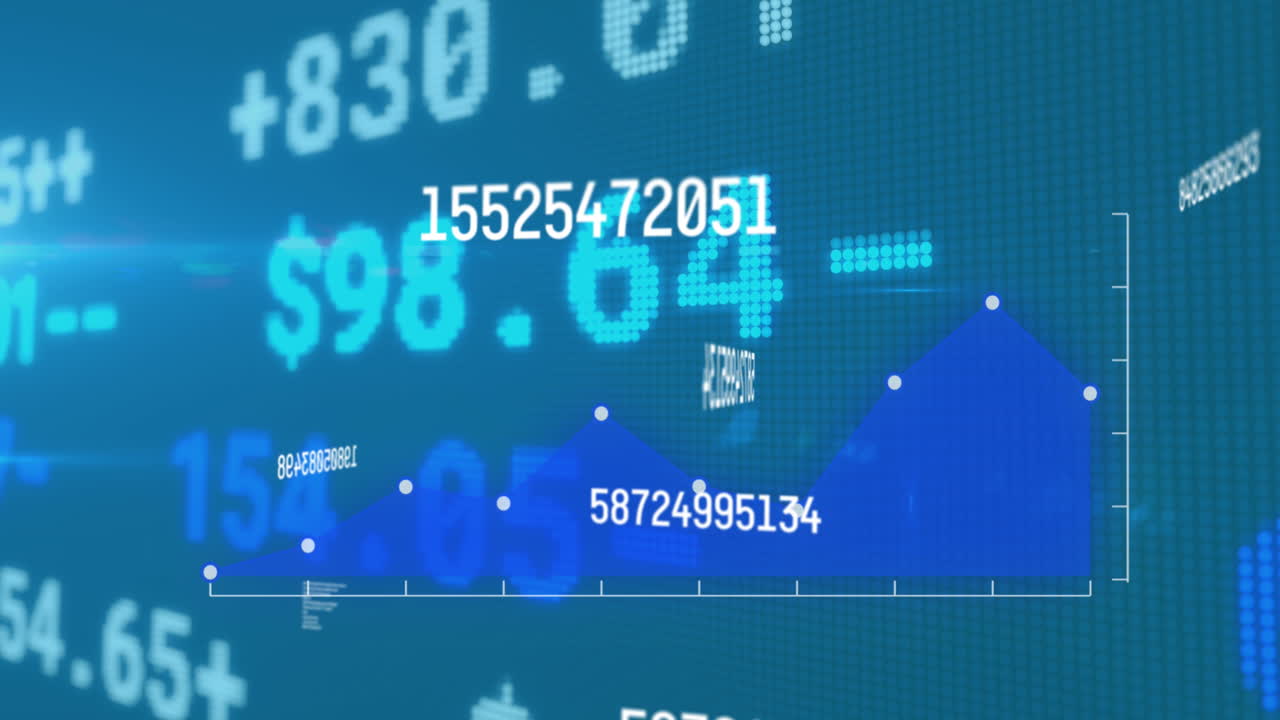 파란색 배경에 변화하는 숫자의 애니메이션과 금융 데이터 처리