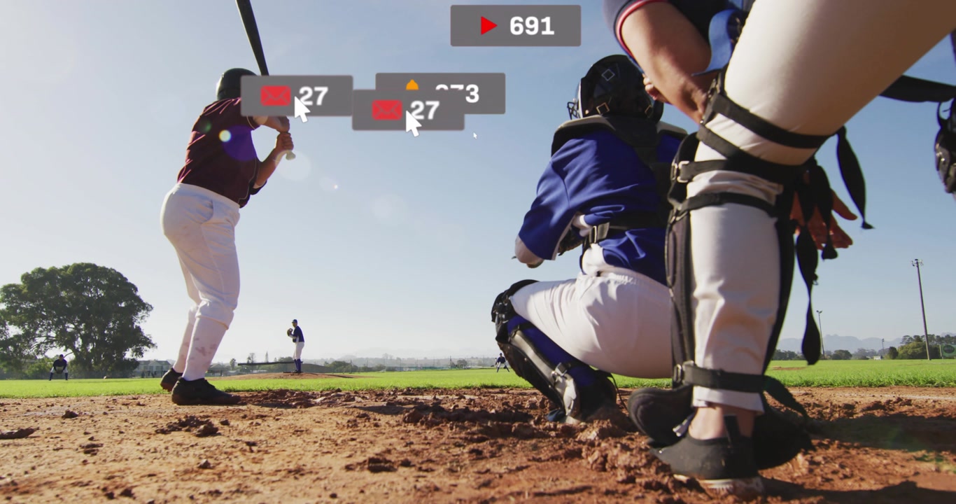 Pitcher preparing pitch on diamond, social icons floating around duo displaying engagement metrics