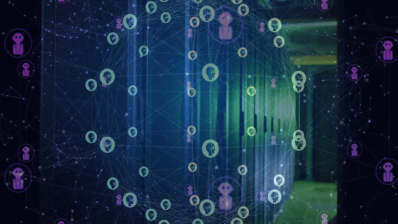 Animation of globe with connections and ai icons over computer servers