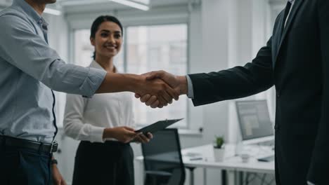 Formal Business Meeting with a Handshake: Professionals Engaging in a Positive Negotiation Environment, Demonstrating Trust and Collaboration Within a Modern Office Space