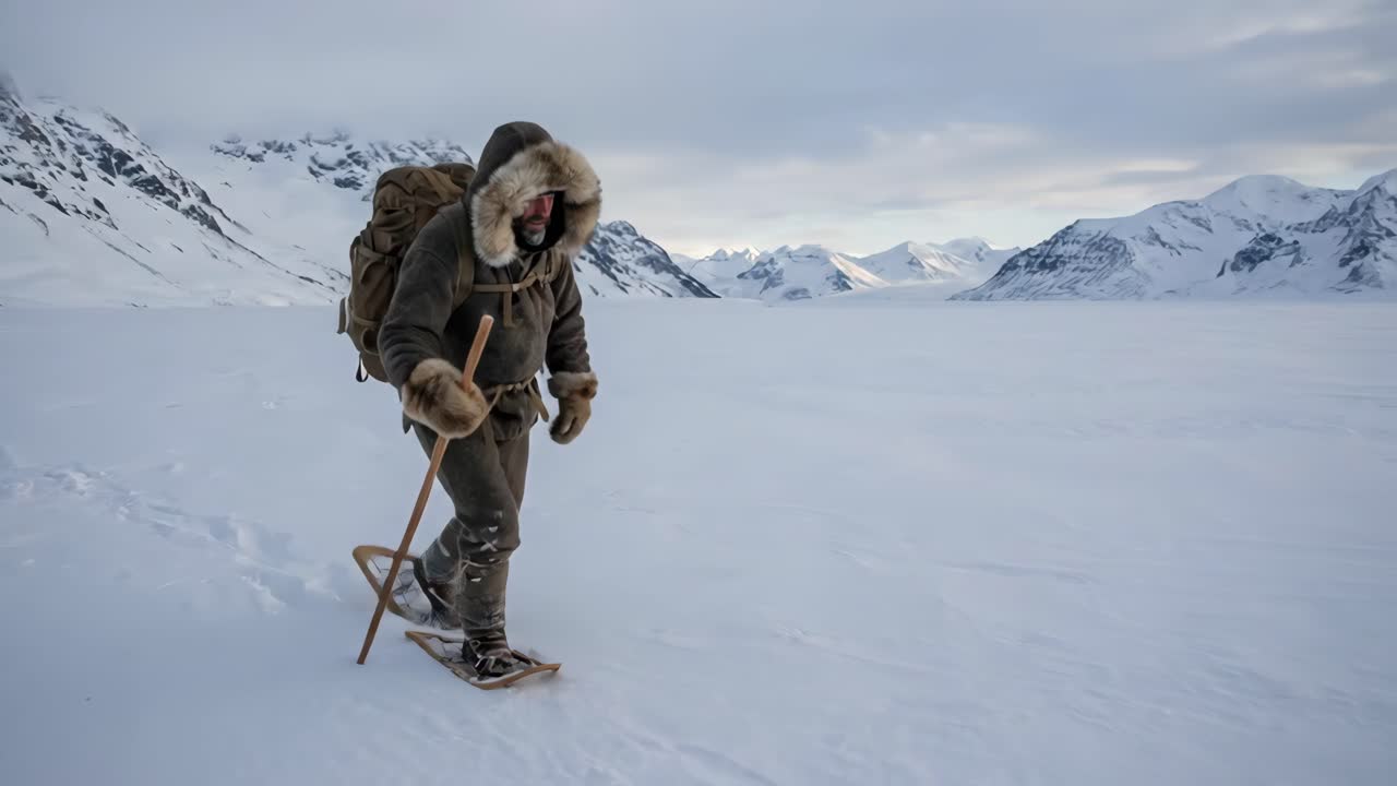 Uomo che ciaspola in un vasto paesaggio montano innevato