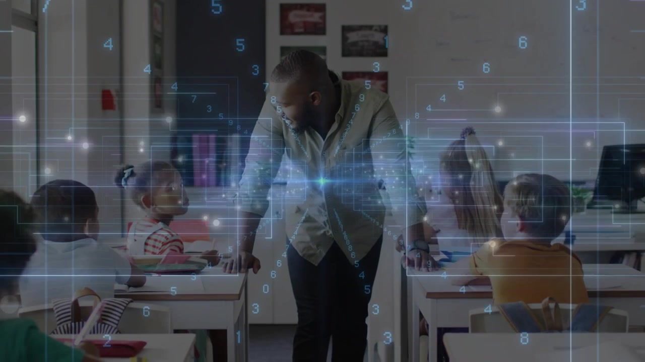 Glowing lines and numbers fading in then teacher leaning on desks guiding students in tech class