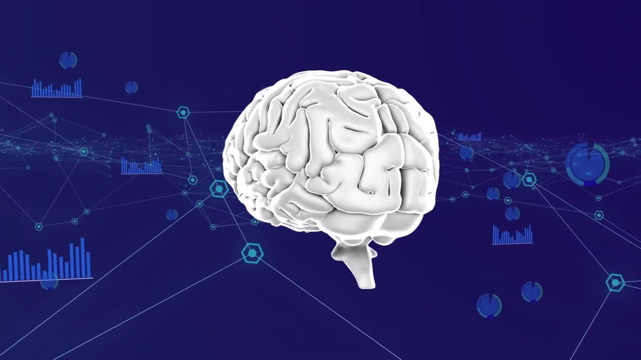 파란색 배경에 인간의 뇌와 함께 연결 데이터 처리 네트워크의 애니메이션