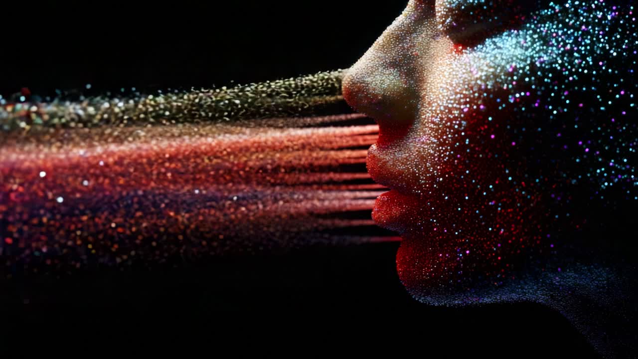 A mesmerizing visual exploration of color and texture emerges as a figure exudes a radiant stream of vibrant particles, creating an enchanting ethereal atmosphere in motion