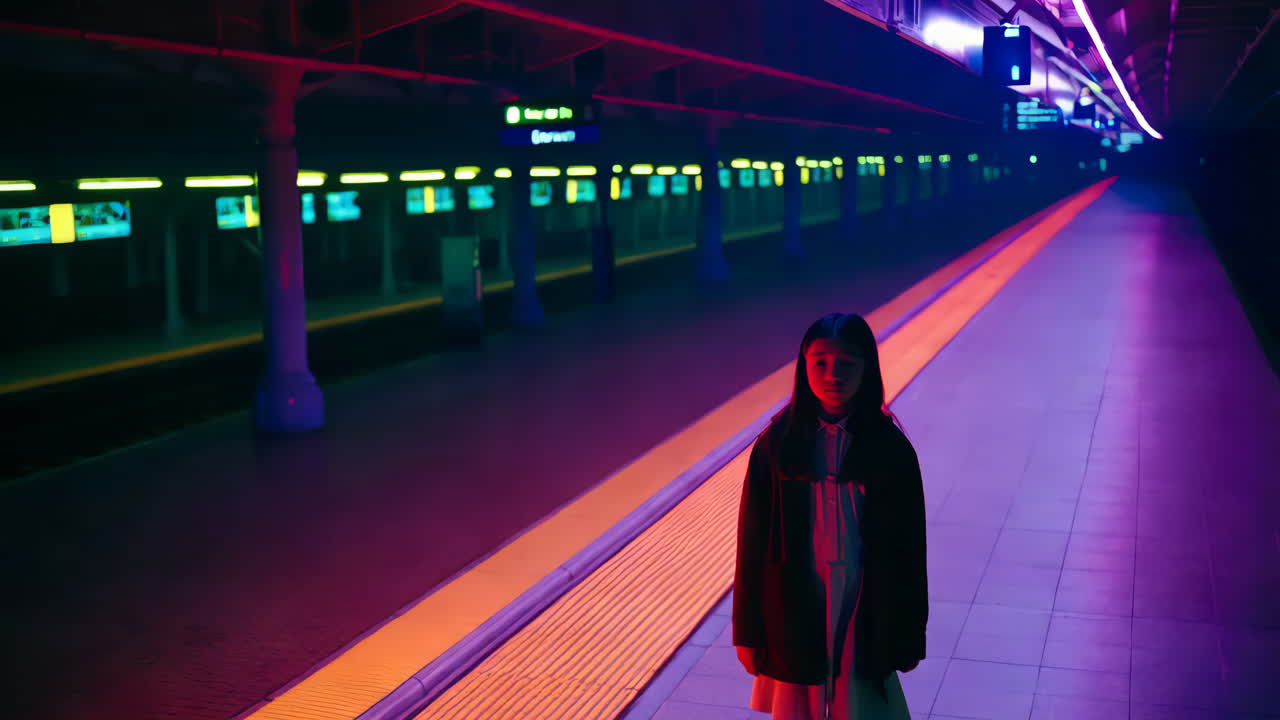 Girl at Neon Lit Underground Station