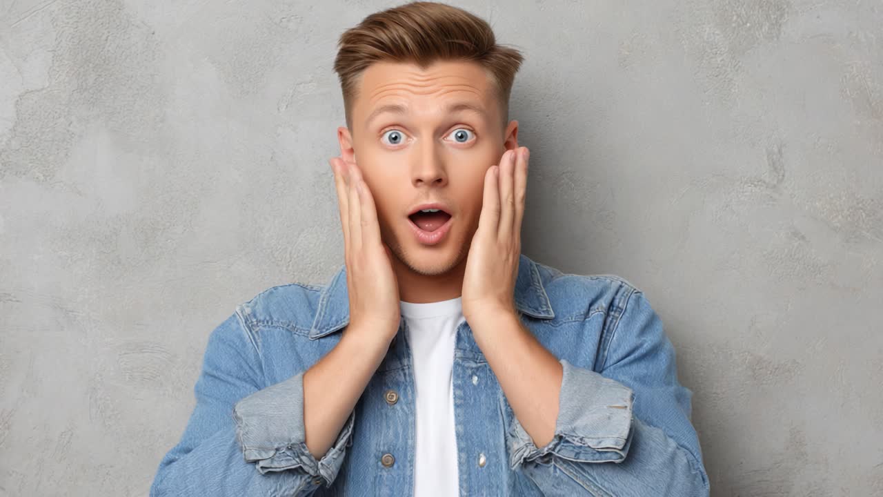 An Unexpected Surprise: A Young Man's Shocked Expression Captured in Two Frames, Highlighting His Reaction and Emotions in a Stylish Denim Outfit Against a Gray Background