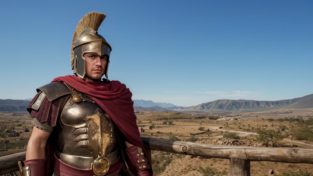 Surveying centurion turning head and torso on wooden platform railing, helmet breastplate red cloak