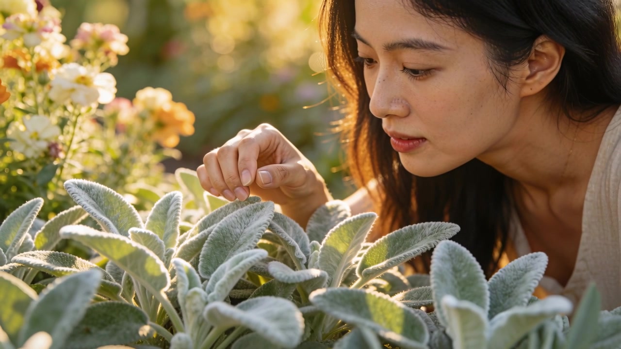 トップスを着たアジア人女性が、庭で身をかがめて銀色の葉に触れ、オレンジ色の花を調べている。コピースペース。