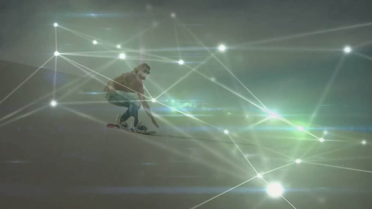 Board rider shifting weight forward and extending hand, gliding through digital nodes into dune