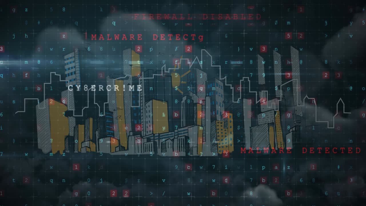 도시 풍경 위의 사이버 범죄 텍스트의 애니메이션