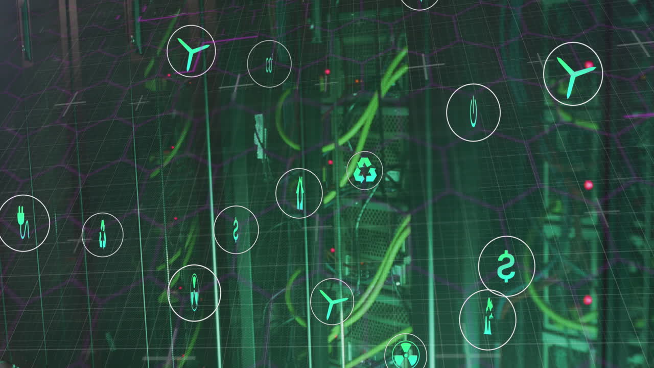 데이터 서버 시스템의 케이블을 이동하는 녹색 기술 아이콘의 애니메이션