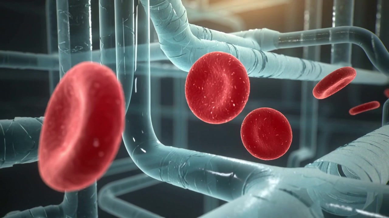 Entering left, red cells flowing through capillaries, passing junctions, driven by flow