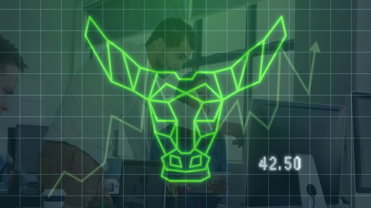 Bull market symbol and financial data animation over business people in office