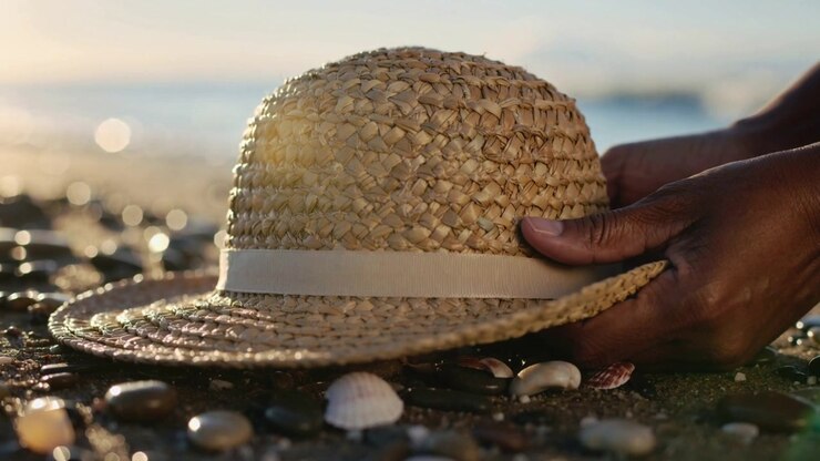 Lowering hand placing woven straw sun hat on pebble shoreline, settling brim to rest with fingers