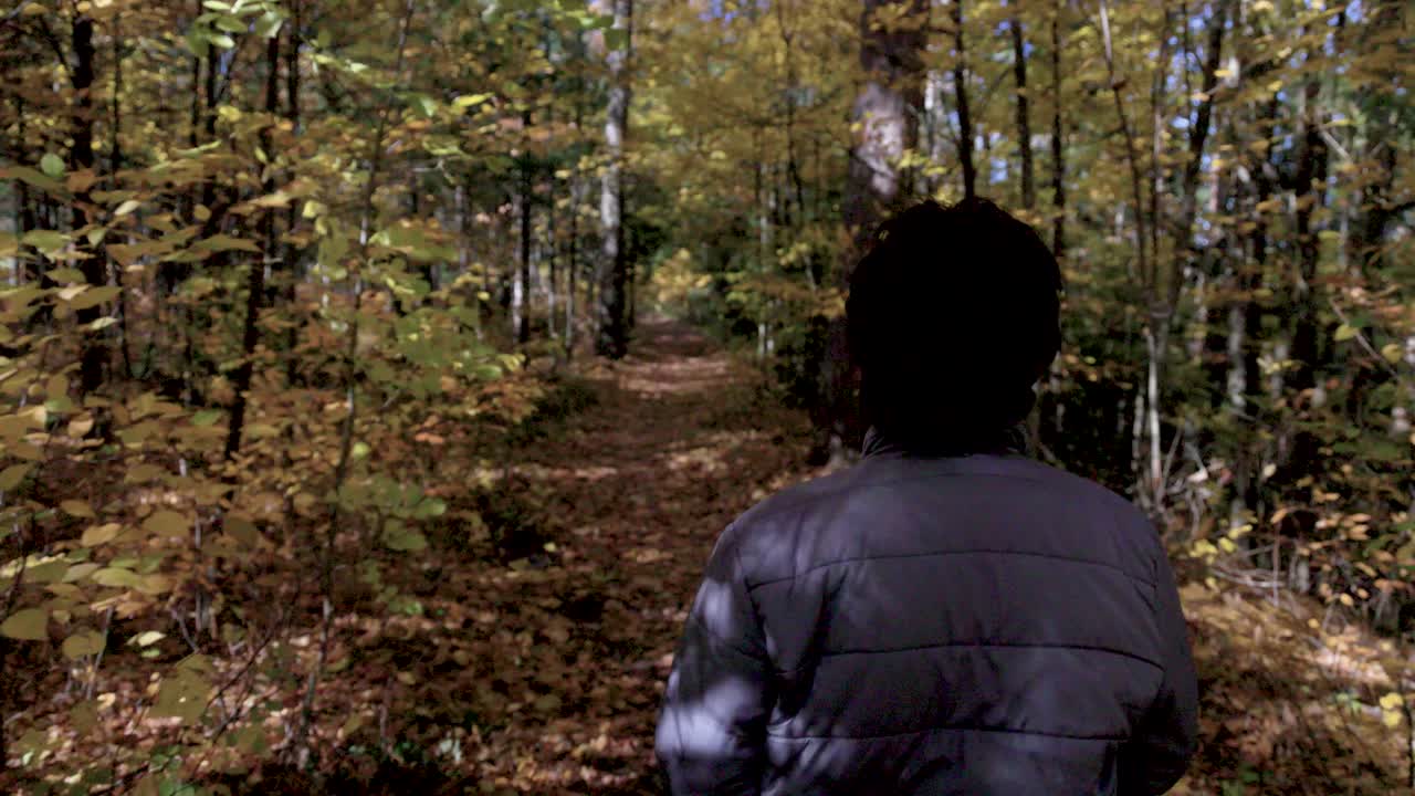 mujer caminando por un sendero natural en el bosque en michigan durante el otoño con un video cardán detrás