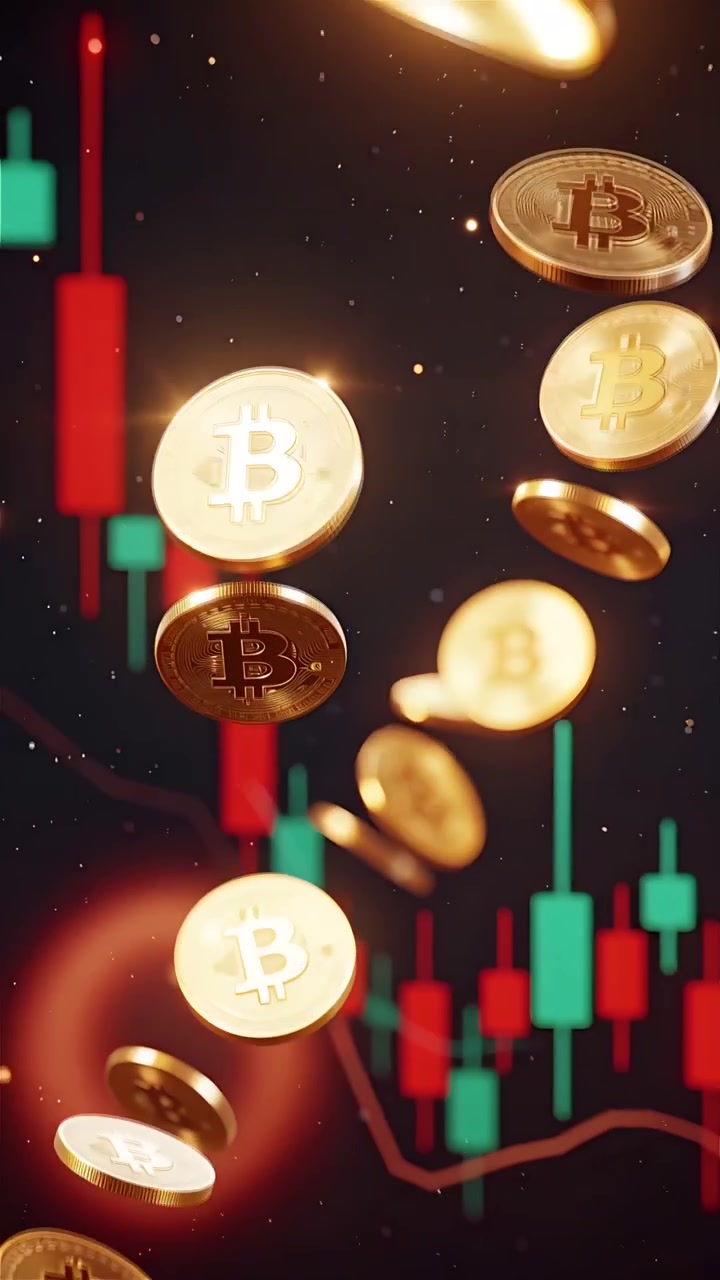 Moedas de Bitcoin douradas com fundo de gráfico de velas desfocado 4K