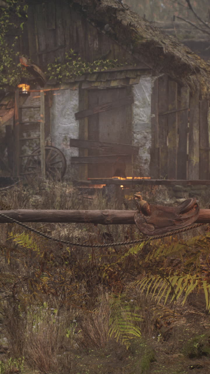 una cabaña rústica con una silla de montar en una valla