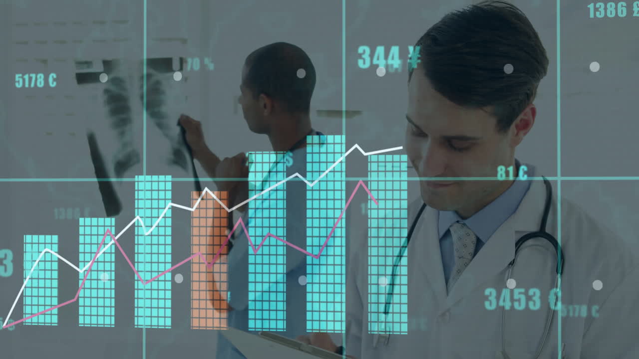 animación del procesamiento de datos financieros sobre diversos médicos